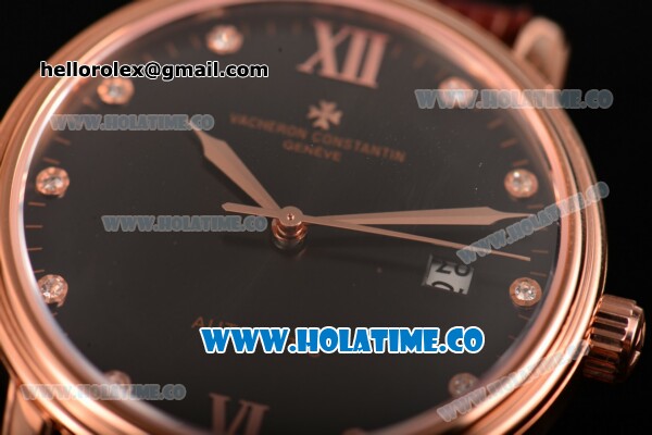 Vacheron Constantin Patrimony Miyota 9015 Automatic Rose Gold Case with Black Dial and Roman Numeral/Diamonds Markers - Click Image to Close
